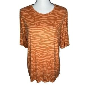 Nine West Essential Tee Shirt Orange Tiger Stripe Print Short Sleeve Top Size L